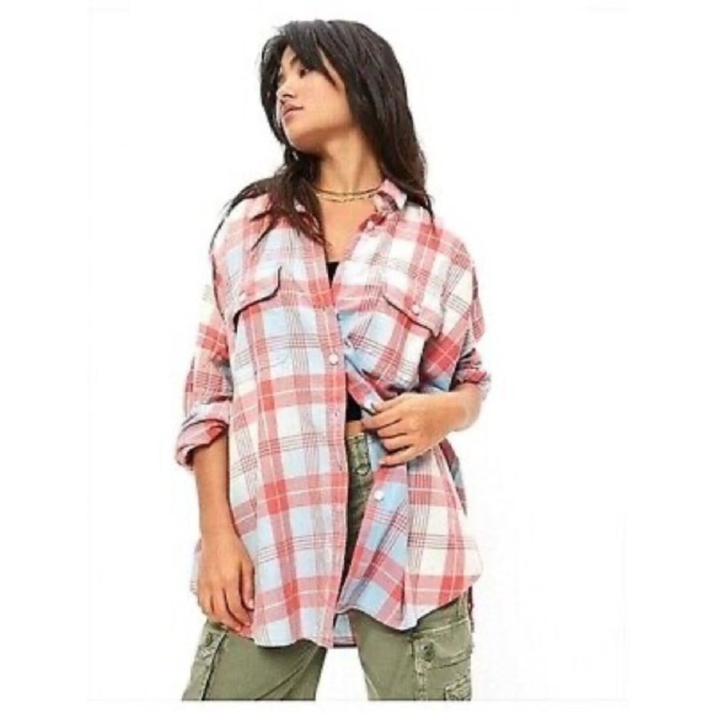 NEW American Eagle Go Big Beach plaid oversize button up top shirt pink blue S L